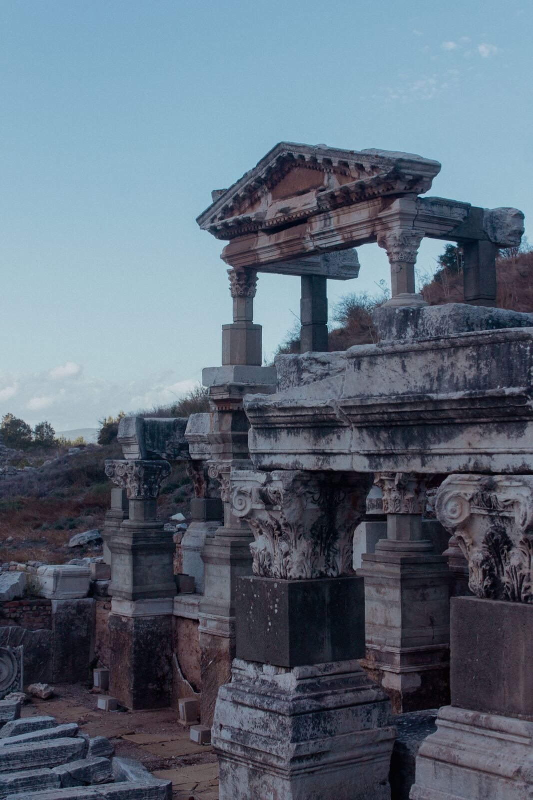 Ancient ruins of Ephesus in Turkey with columns and stone structures