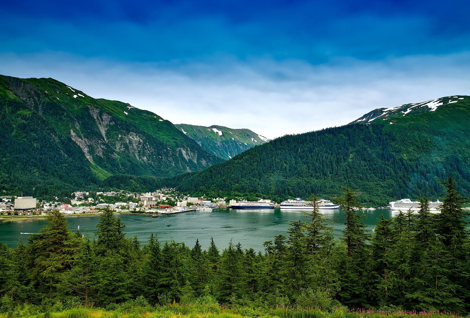 Cruise ship docked overnight in an Alaska port