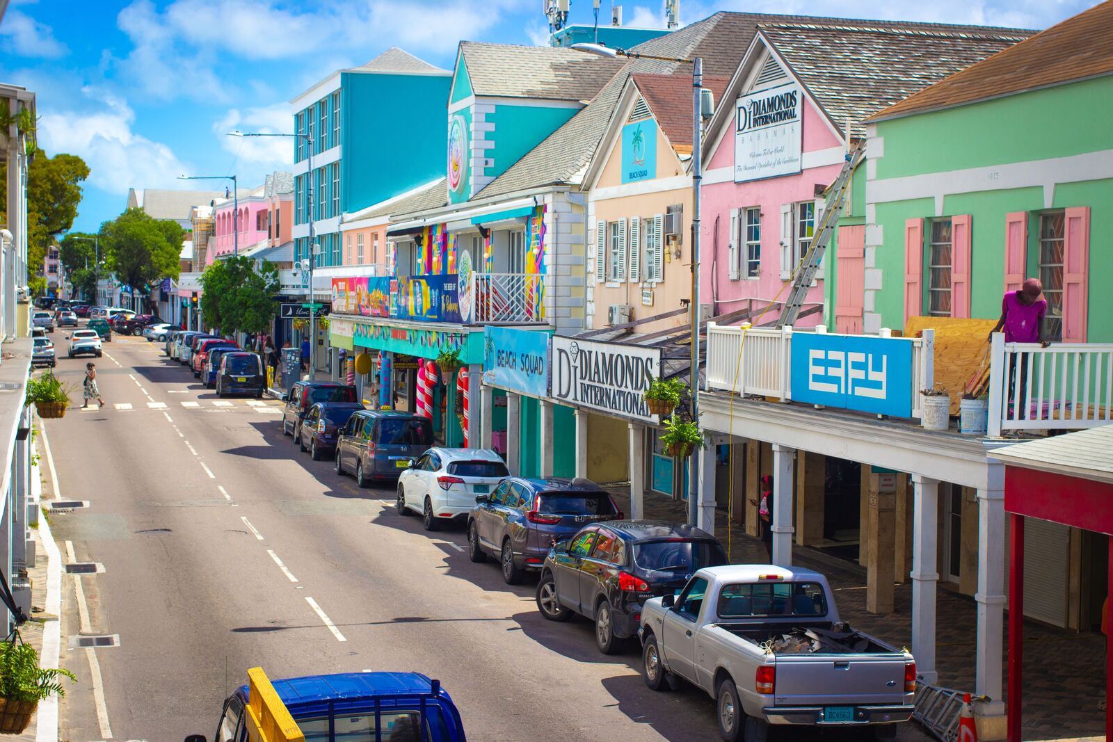Colorful colonial buildings along Bay Street in downtown Nassau, Bahamas