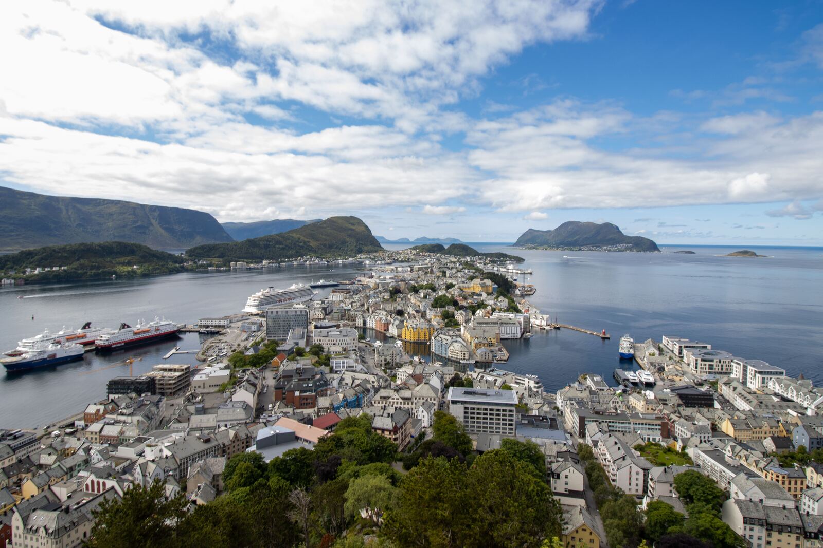 Aerial view of Alesund's Art Nouveau architecture surrounded by fjords