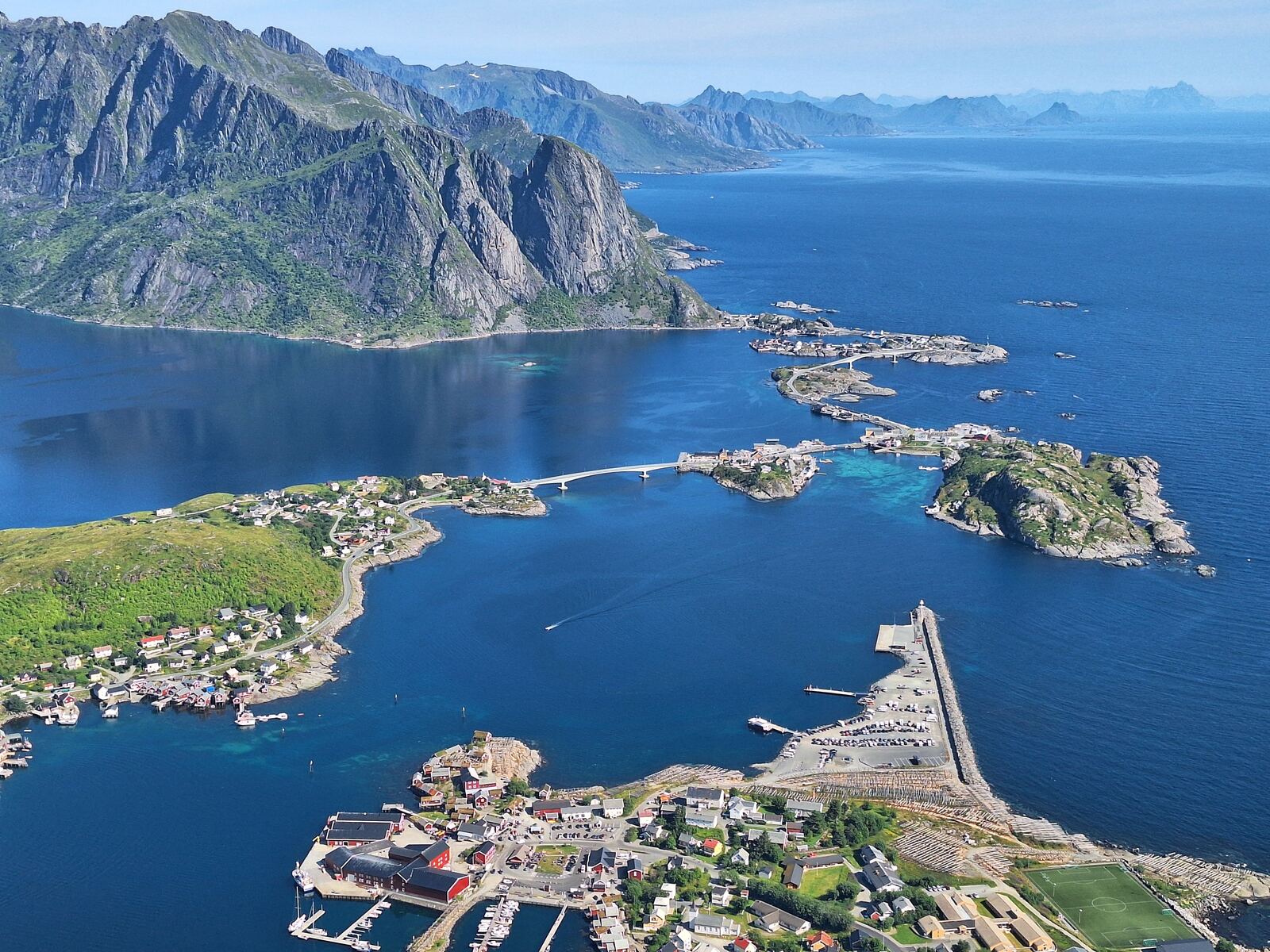 Aerial view of a fishing village fjord in the Lofoten Islands
