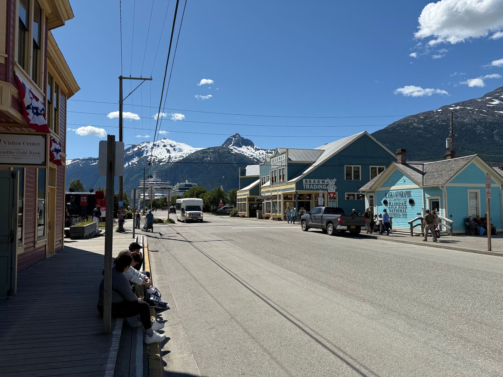 Historic downtown Skagway, Alaska with mountain backdrop